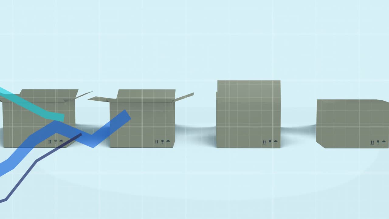그리드와 카드보드 상자 위로 올라가는 파란색 선의 애니메이션