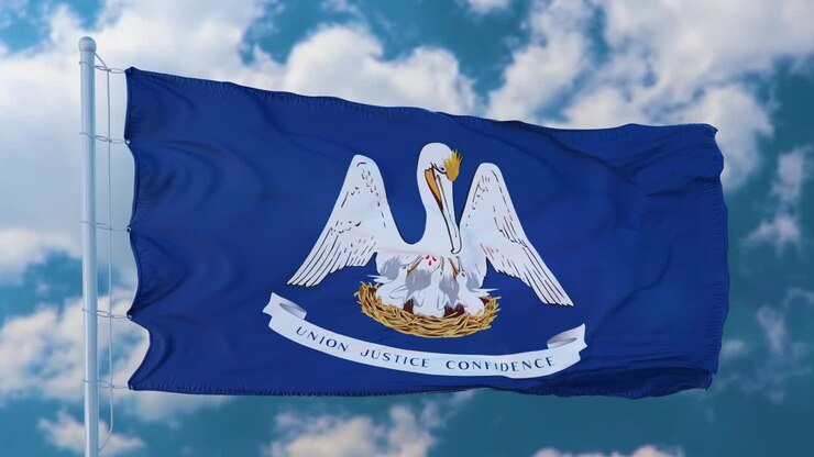 Bandiera della Louisiana su un'asta che sventola al vento nel cielo. Stato della Louisiana negli Stati Uniti d'America