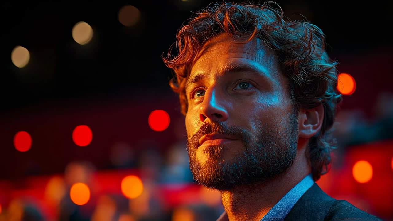 Man with curly hair watching an event in a crowded auditorium with lights in the background during a performance