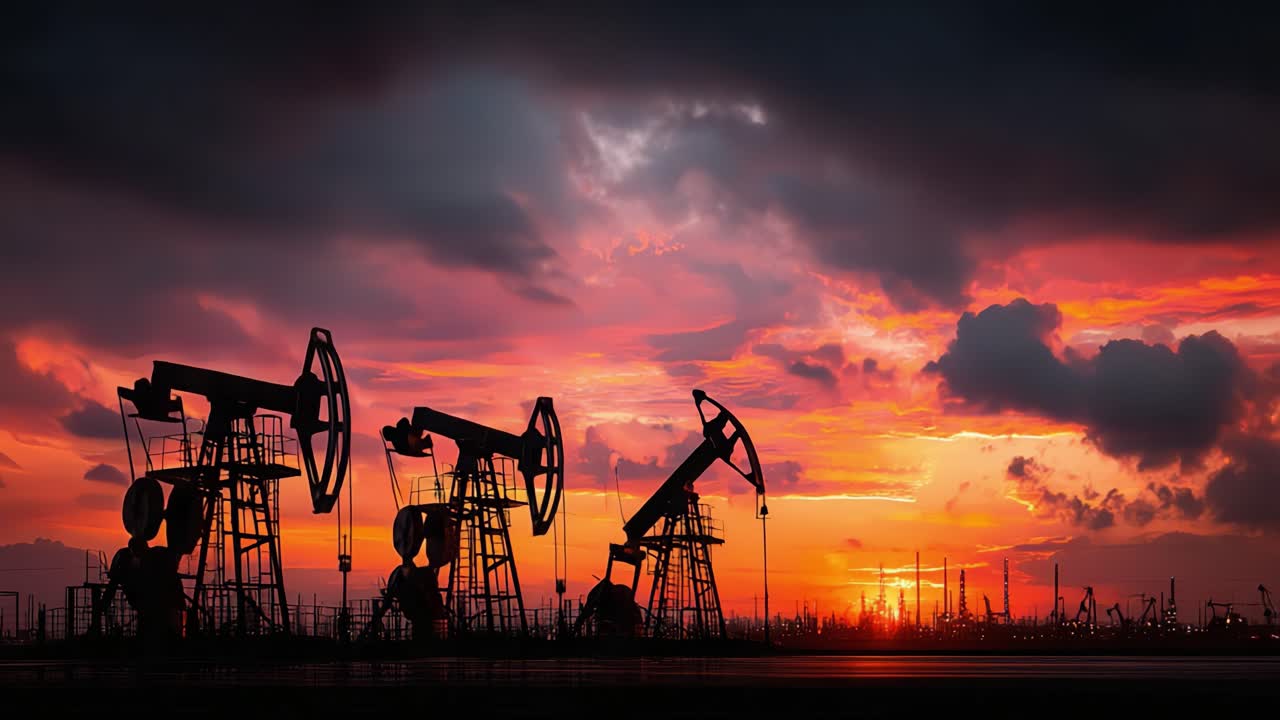 Siluetas dinámicas de balancines de extracción de petróleo contra un vibrante cielo al atardecer: Vista cautivadora de la industria petrolera con luz cambiante