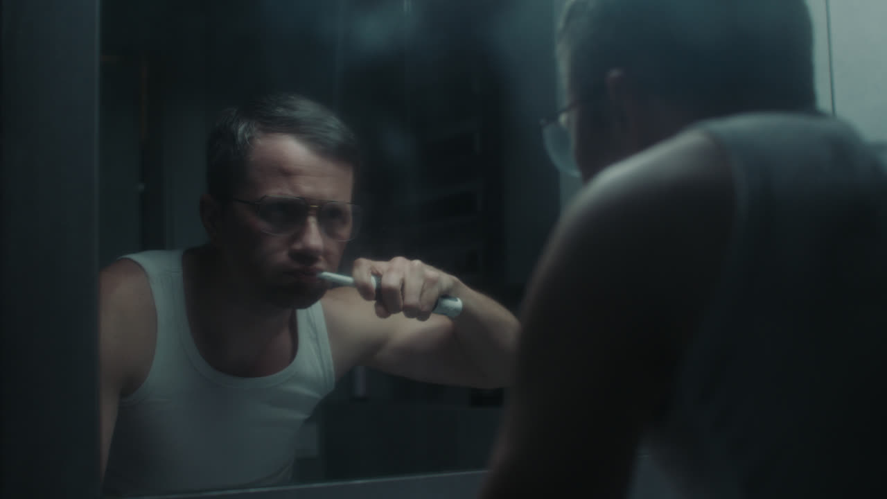 A sad man in the bathroom during his morning routine