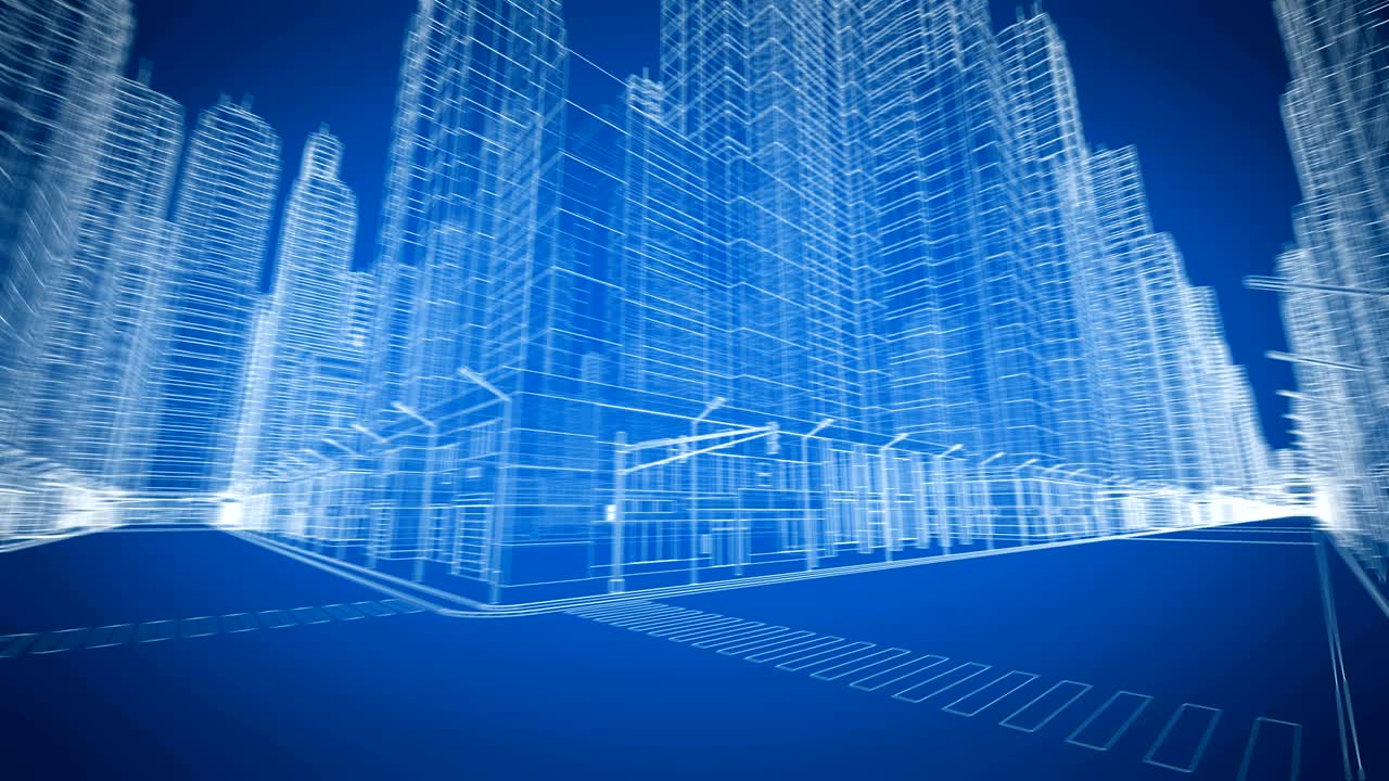 hermosa ciudad moderna moviéndose a través del plano digital 3d vista de la carretera. concepto de construcción y tecnología. animación 3d de color azul en bucle. versión larga.