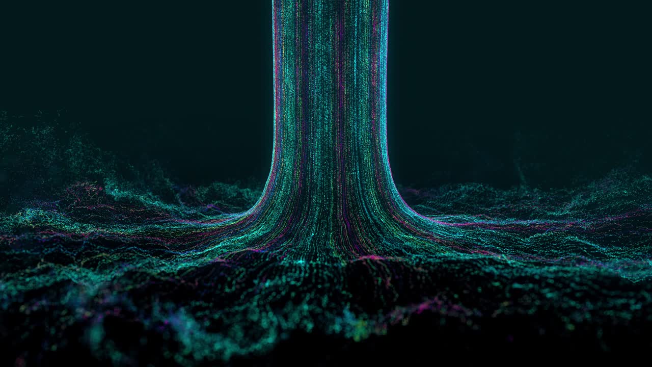 flusso di ordinamento di big data in loop. sfondo tecnologico astratto futuristico. imbuto di raccolta bigdata con movimento di ciclo di particelle