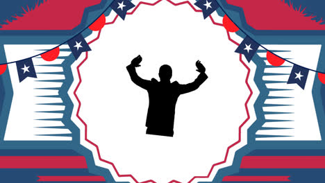 animation of silhouette of man raising hands over american flag