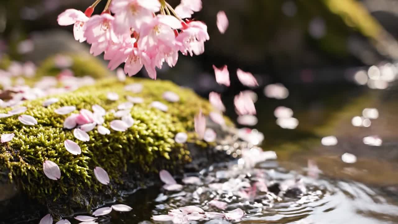 Hoa anh đào hồng rơi trên rêu xanh và mặt nước