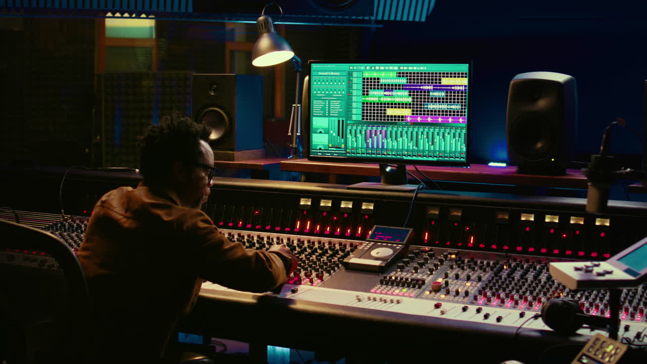 African american audio expert adding sound effects on tracks in post production