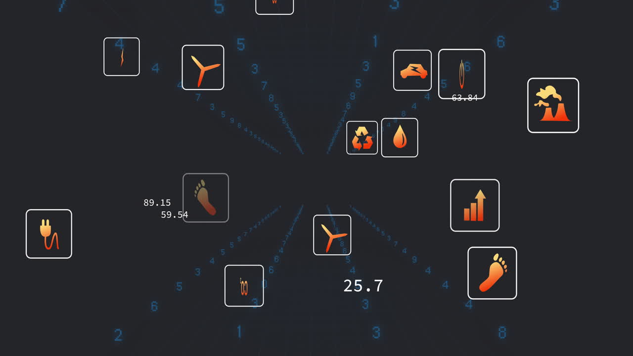 Wind turbine icon floating in dark dashboard, streaming sustainability data with glowing metrics