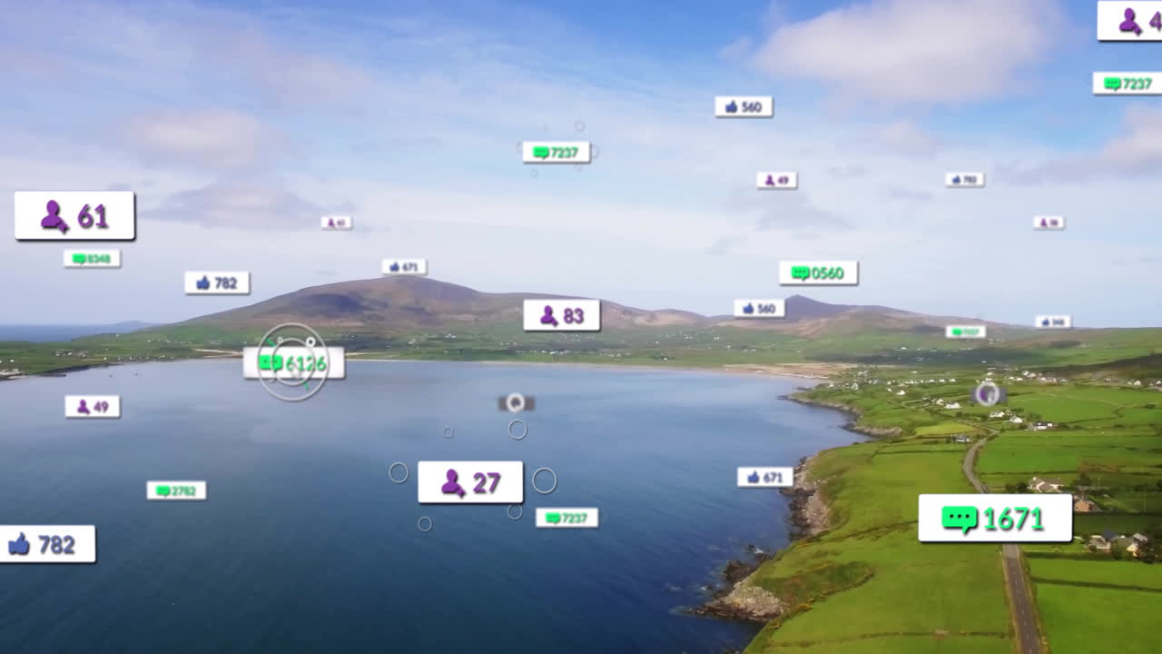 Animation of social media notifications floating over scenic coastal hills and ocean