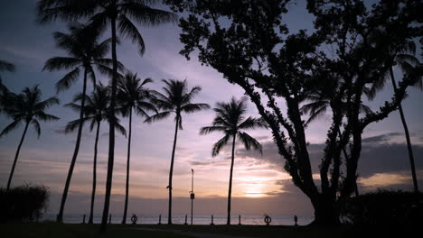 Silhouetted-Tropical-Palm-Trees-Against-Dramatic-Sunset-Sky-at-Tanjung-Aru-Beach-at-Shangri-la-resort-Kota-Kinabalu,-Sabah,-Malaysia---static-vacation-concept-background