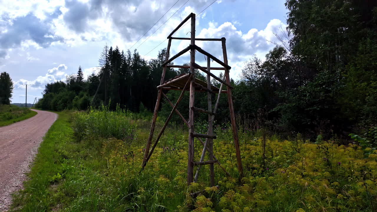 Wooden hunting blind, a raised platform used for observing wildlife and hunting