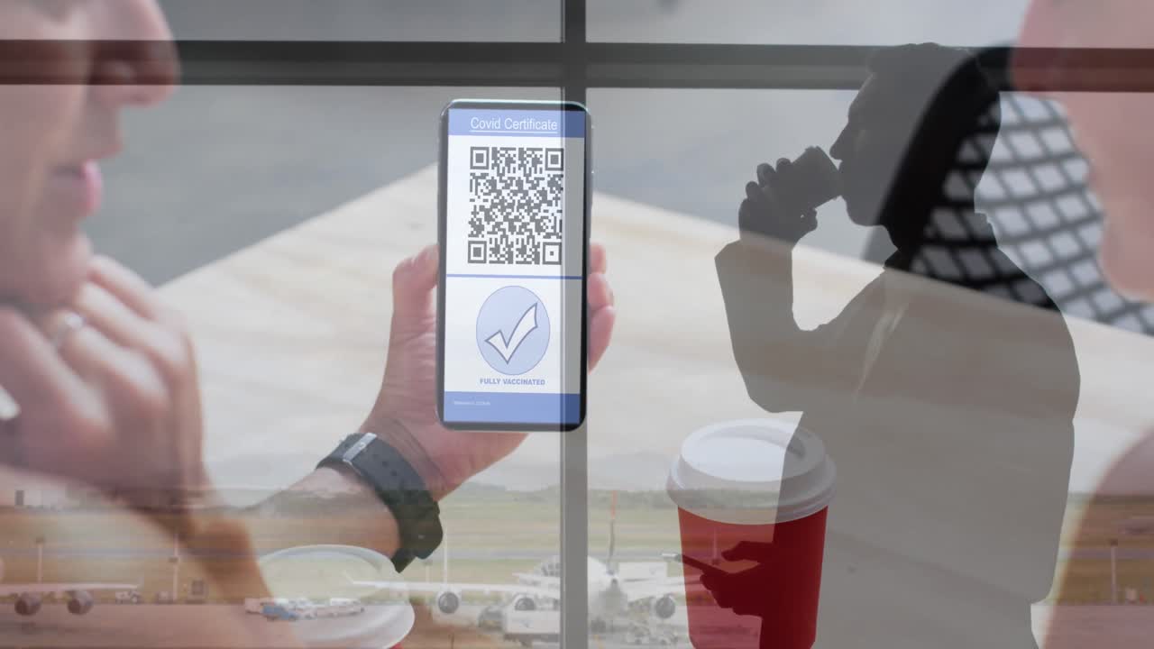 Animation of woman holding smartphone with covid 19 vaccination passport over man on airport