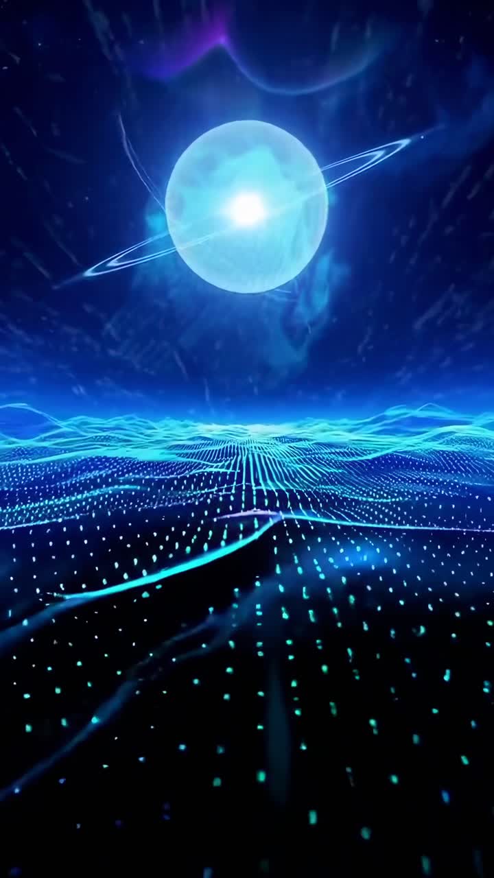 Futuristic video concept with a low-angle view of a digital landscape and glowing planet
