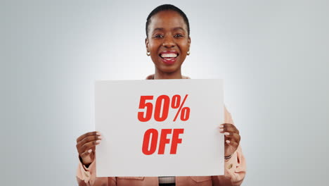 sale, sign and woman with a promotion