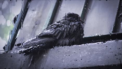 wet dove sitting on cornice during rain