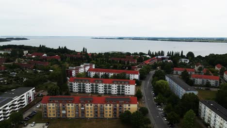 Aerial:-Panning-Drone-Shot-of-the-beautiful-city-of-Rostock,-Germany