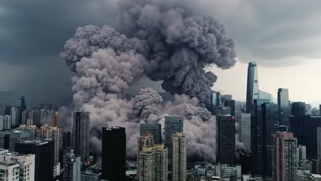 aerial view of urban landscape overwhelmed by eruptive smoke clouds and dark skies, signifying a sudden catastrophic event or natural disaster