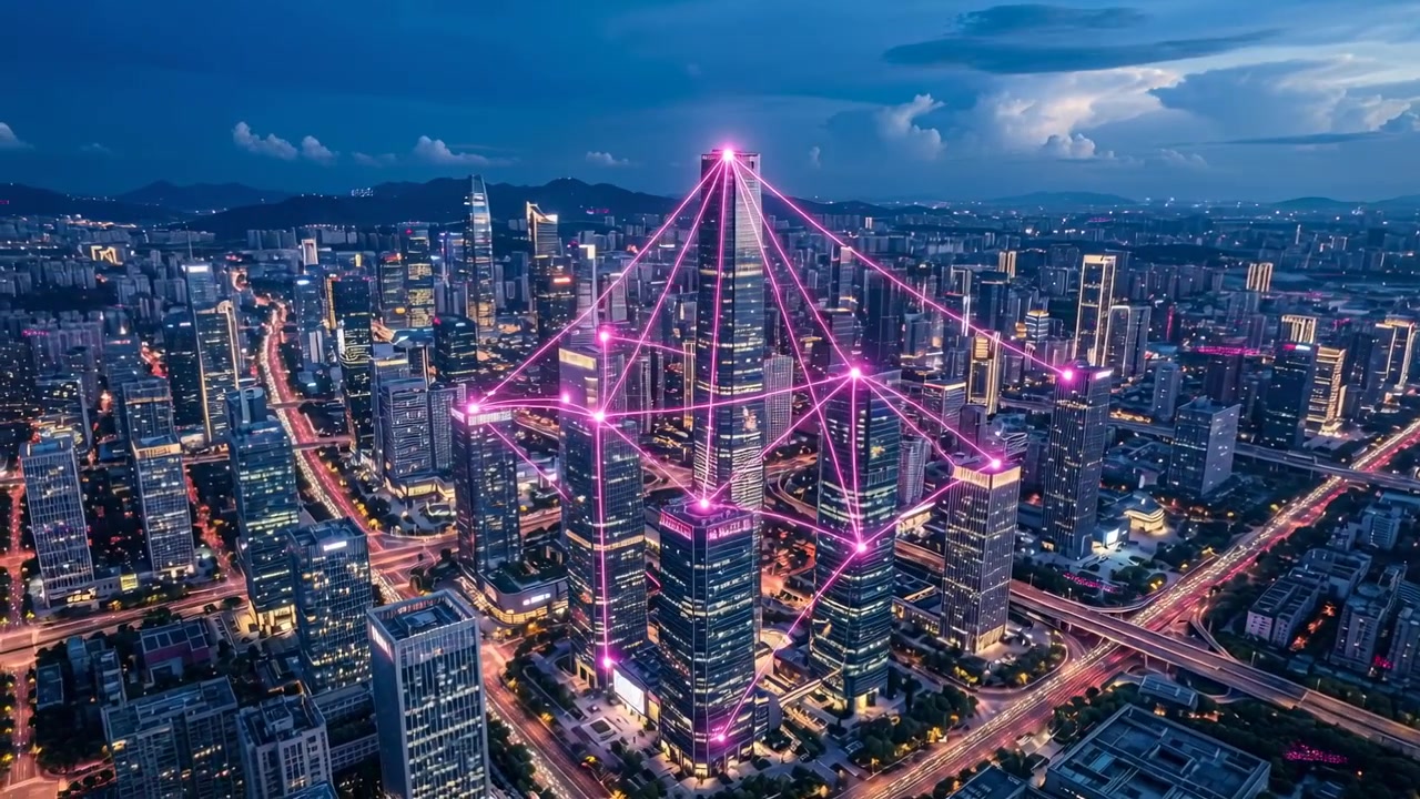 Activating central tower cluster forming magenta network above downtown at dusk, routing data flow