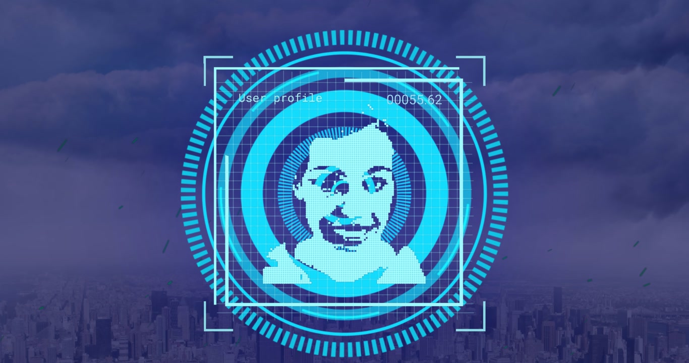 Animation of data processing with diverse people portraits and scope scanning over cityscape