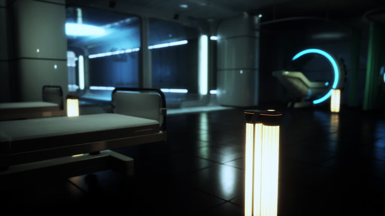 Futuristic hospital interior with advanced lighting and medical equipment