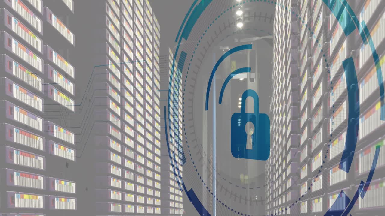Animation of padlock over data processing and server room