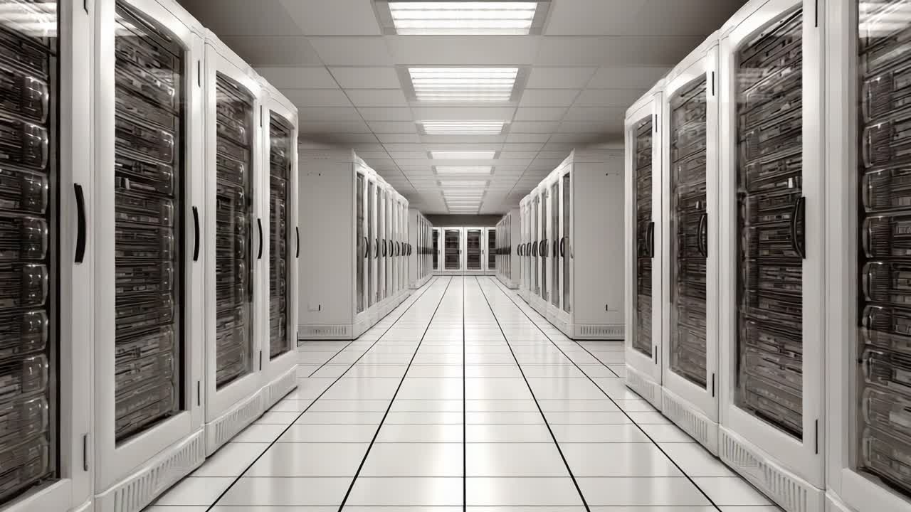 A Serene Glimpse Inside a Modern Data Center, Featuring Neatly Organized Server Racks and a Brightly Lit Corridor, Showcasing Advanced Technology Infrastructure