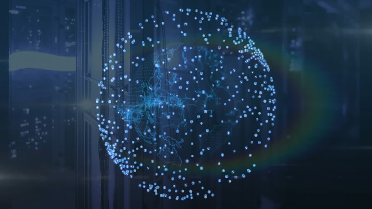 Console sending signal, holographic globe forming data nodes, rotating and showing network flow