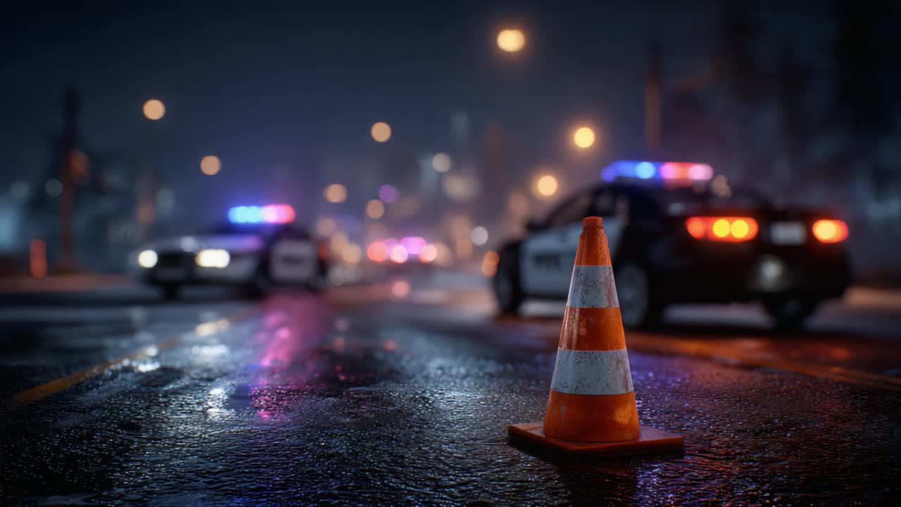A striking night scene featuring police cars with flashing lights and a traffic cone on a wet road, highlighting a moment of law enforcement activity amidst urban ambiance