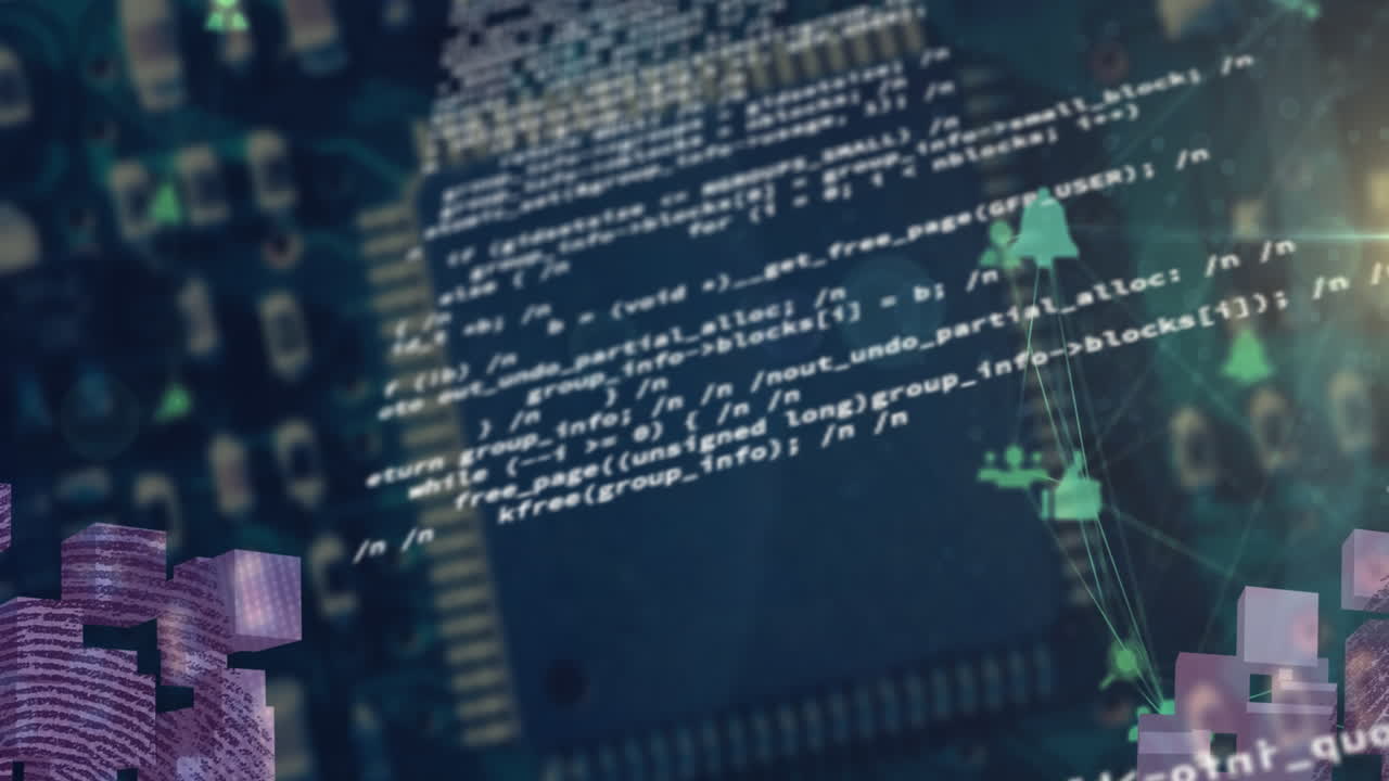 Animation of globe of digital icons and data processing against close up of a circuit board