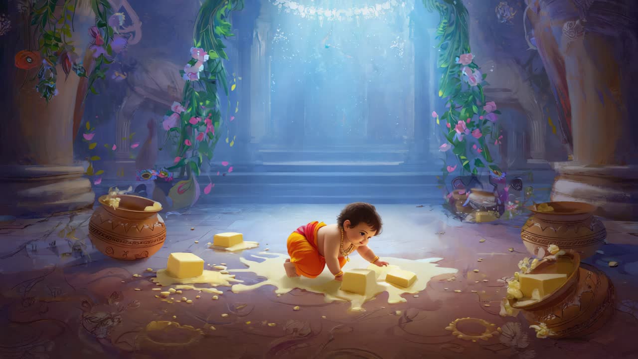 Infant divine being crawling playfully on temple floor, surrounded by pots, flowers, interacting with butter cubes in mystical, ethereal animated environment representing Hindu mythology