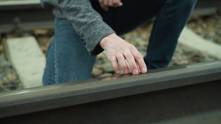 A close-up view of a man in a grey blazer and blue jeans kneeling by a railway track, carefully touching the rail with his hand, then removed the hand from the trail track, looking at his hand