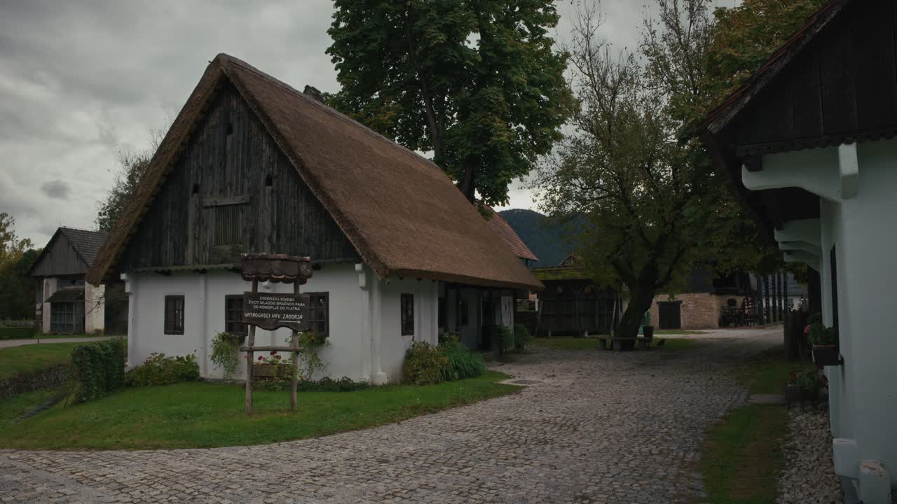 Traditional Village with Thatched Roof Houses and Cobblestone Street