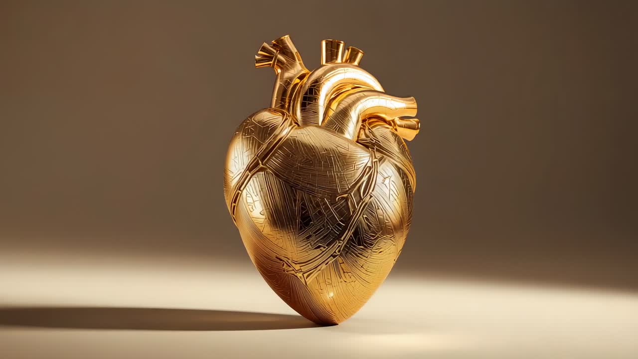 Escultura de coração dourado girando à medida que a luz muda, revelando artérias e linhas gravadas em um cenário quente