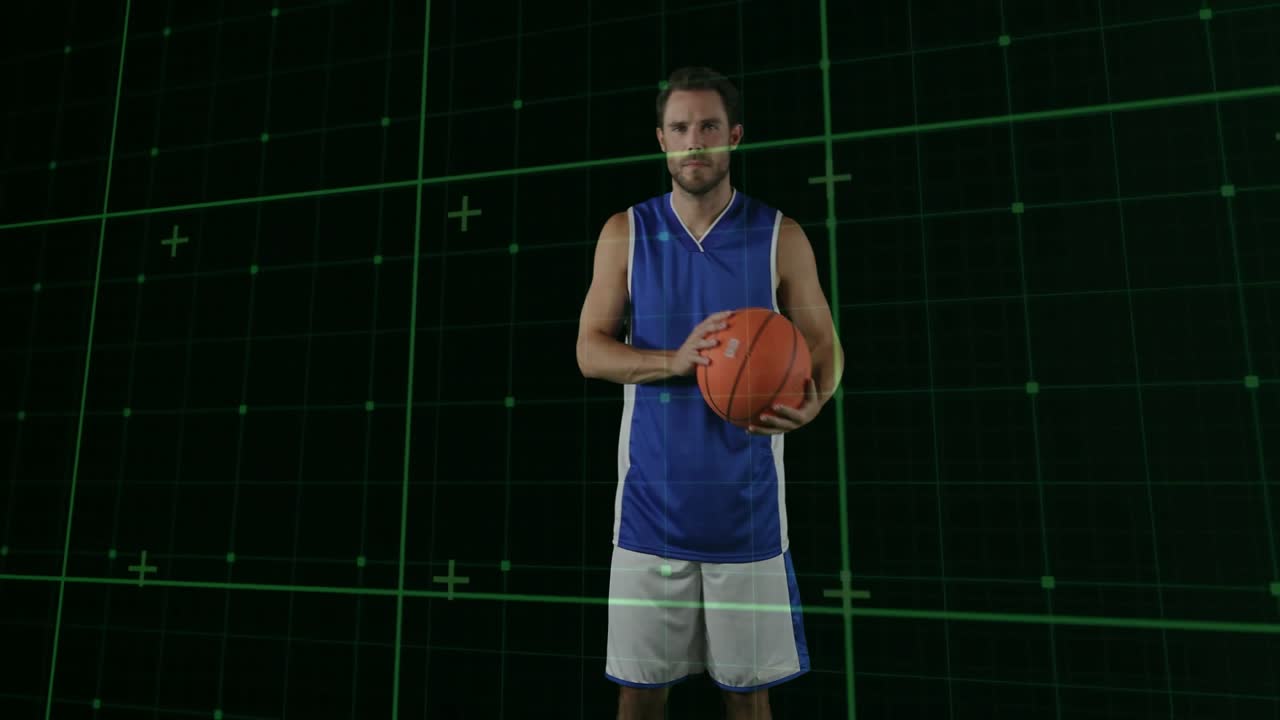 Mid adult male basketball player lifting and dribbling while green grid tracking for motion capture