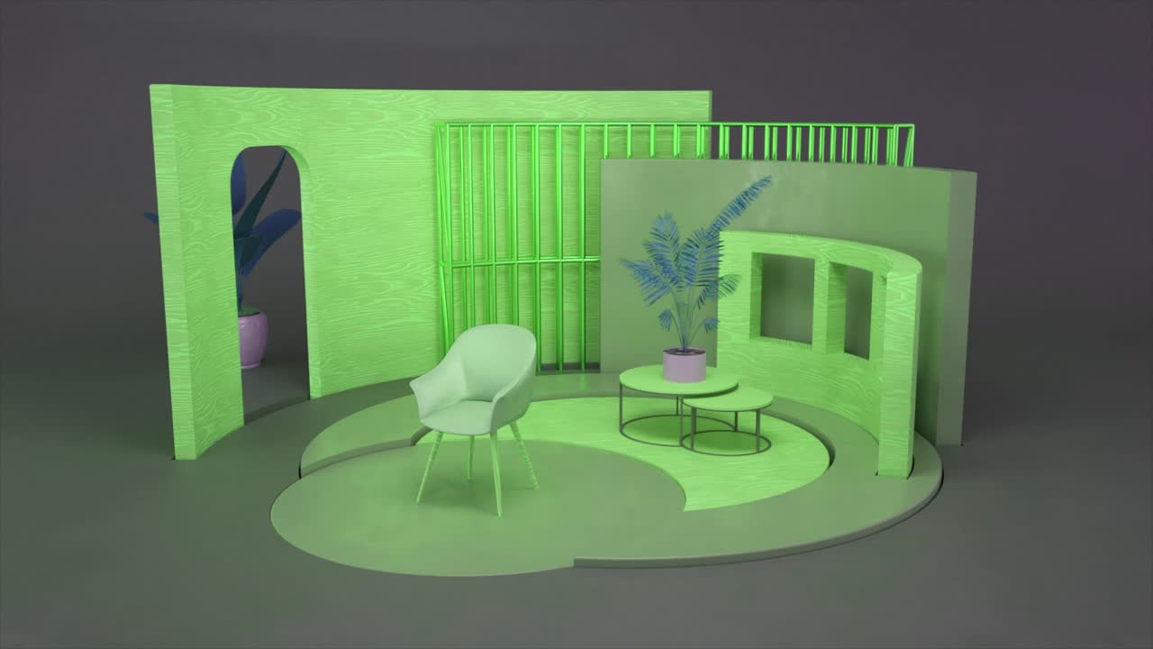Lime Green Modern Minimalist Scene with Chair and Plants