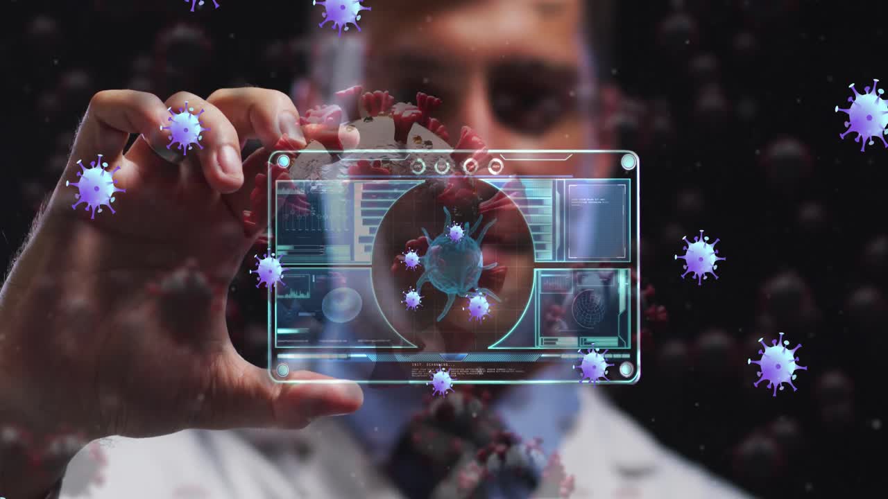 animación de una célula de virus púrpura sobre un trabajador de laboratorio caucásico con una tarjeta digital con datos de virus