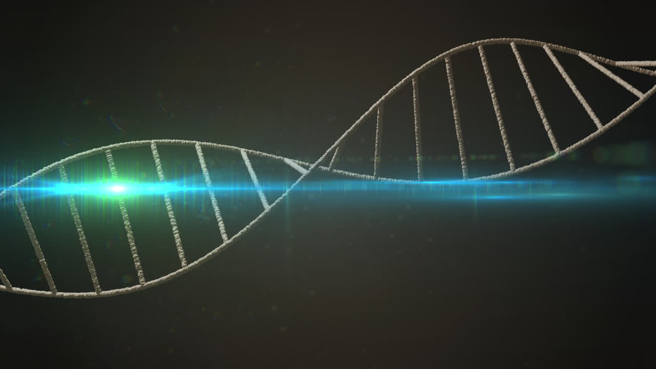 animación de la estructura de adn giratoria y el punto de luz azul brillante contra un fondo negro