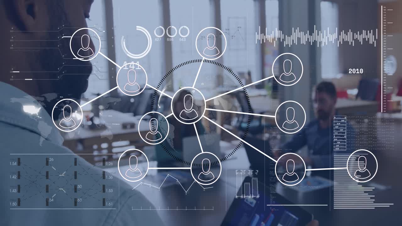 Animation of connections with icons over diverse business people in office