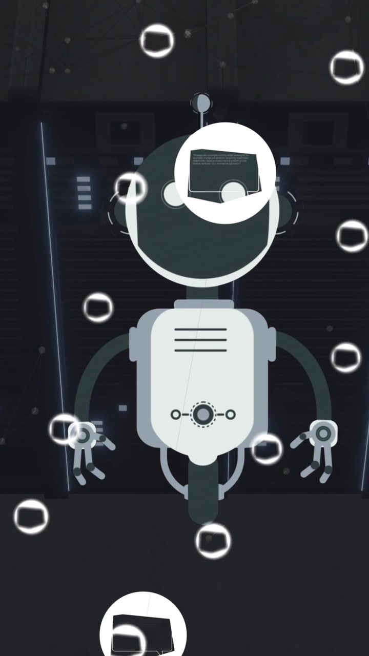 Animation of ai chat bot and icons over computer server background