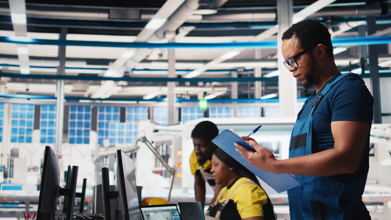 Vertical Video Black engineer in photovoltaics factory reviews performance of solar panels