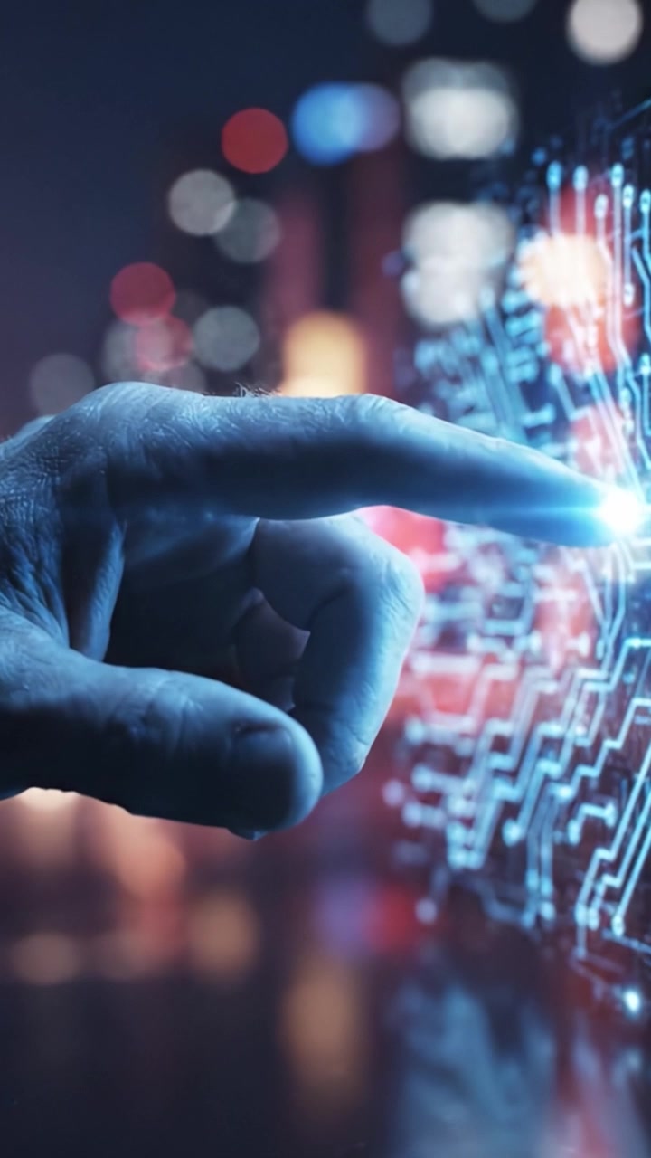 Un tocco umano in un mondo digitale: Esplorando la transizione dalle luci sfocate della città alla precisione della tecnologia con una mano dotata di interfaccia digitale.