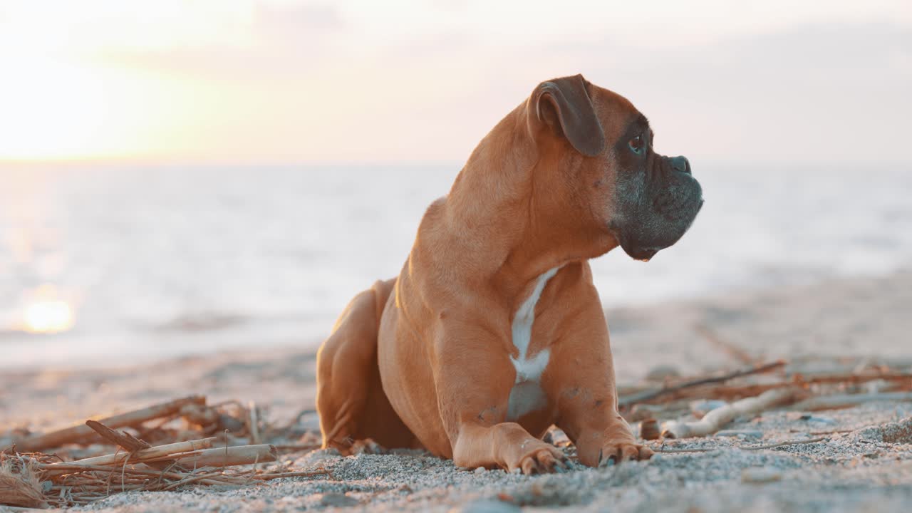 Boxer dog relaxing on the beach at sunset