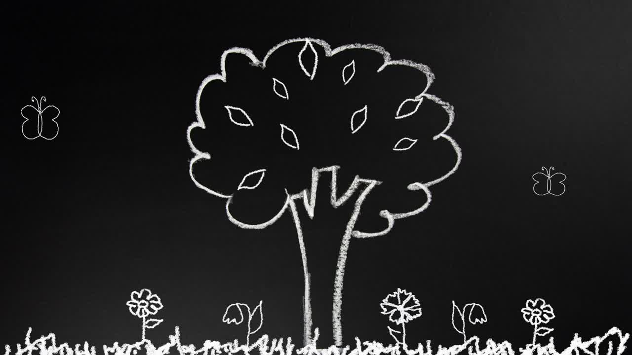 손은 도자기에 도자기로 나무를 그리고 잎, 꽃, 나비가 도면판에 나타납니다. animation.loop.4k