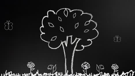 la mano dibuja un árbol con tiza en el tablero, y hojas, flores y mariposas aparecen en el tablar. animation.loop.4k