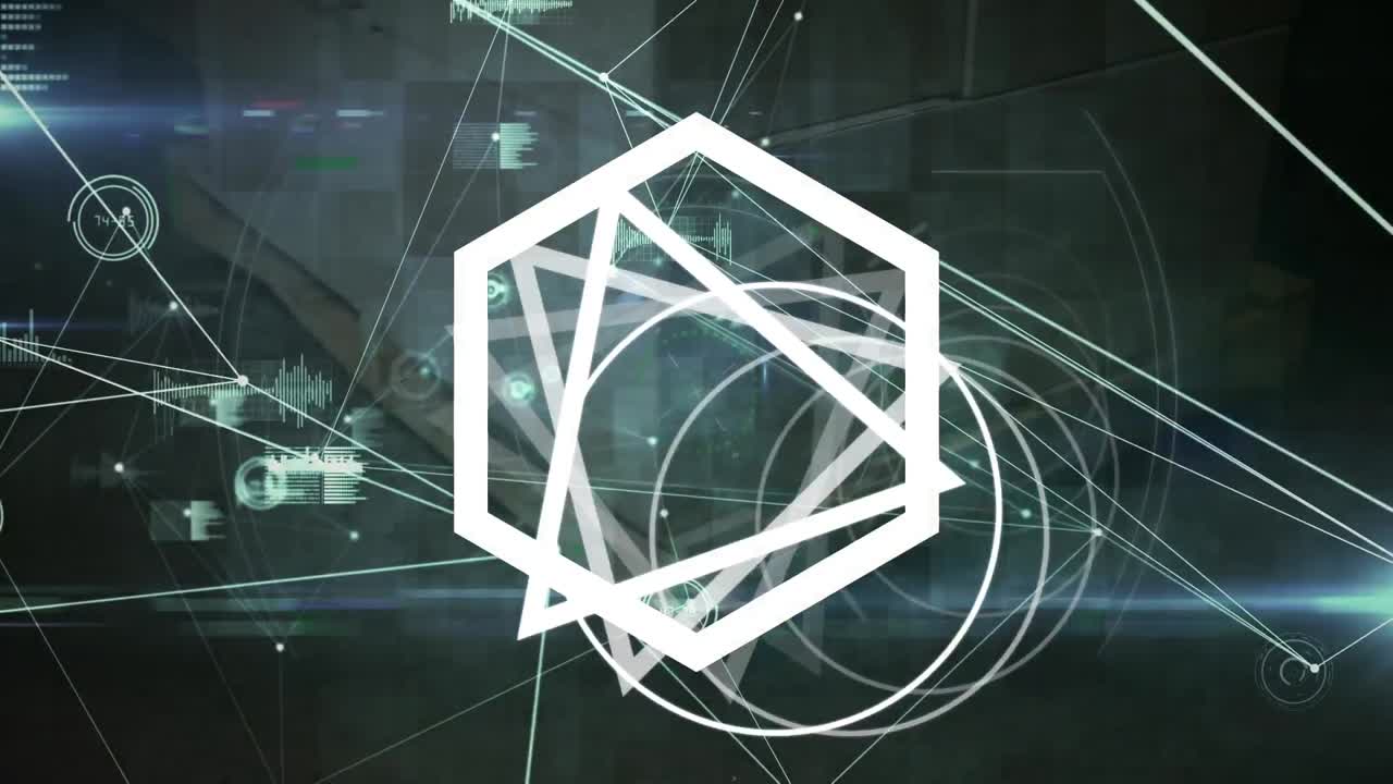 Animation of shapes moving over data processing and network of connections