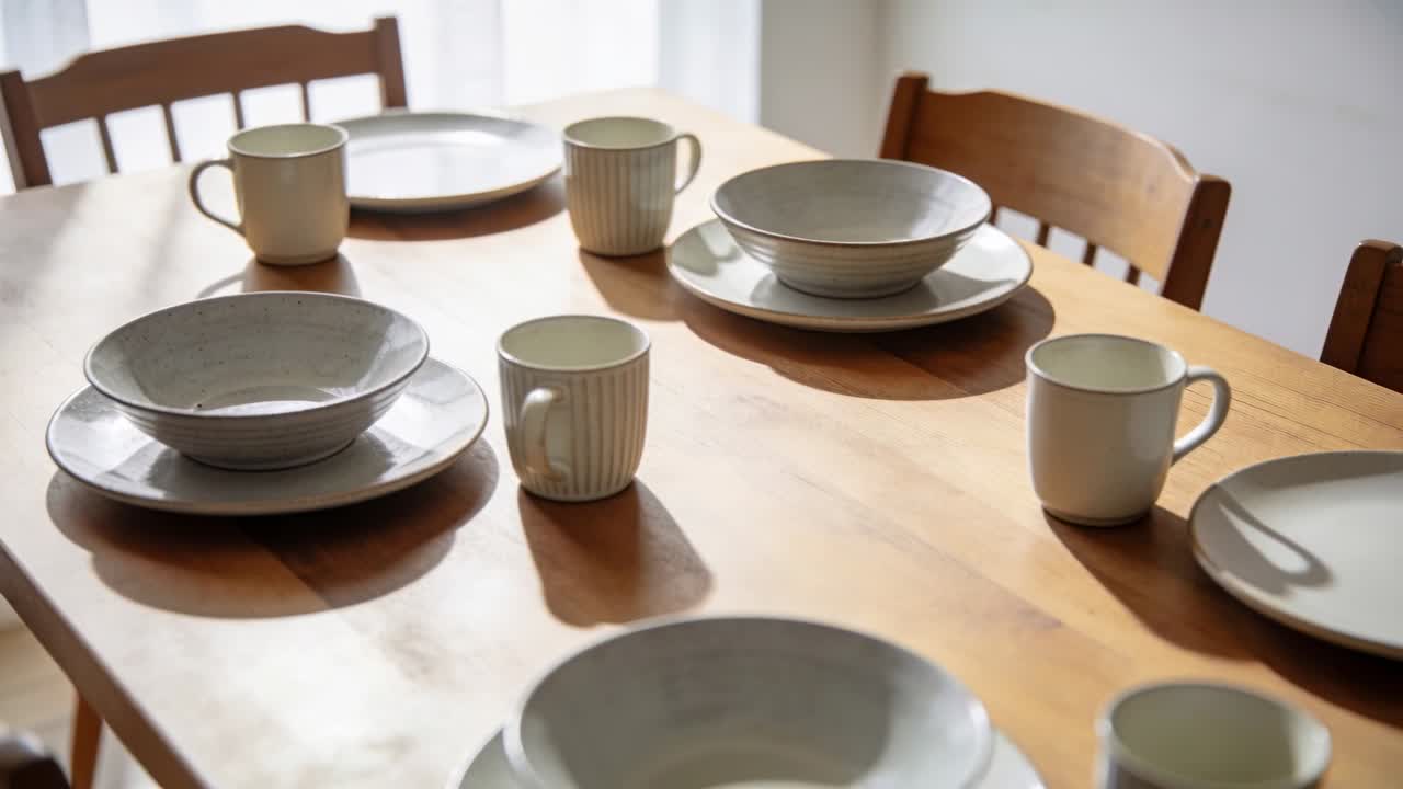 La telecamera avanza, zoomando e mettendo a fuoco un tavolo da pranzo in legno vicino alla finestra, con ciotole e tazze in ceramica.
