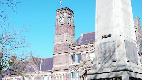 st helens town square war memorial and town hall clock tower street scene in merseyside, northwest uk