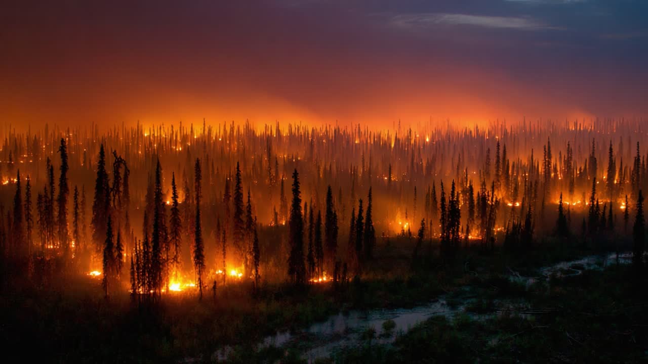 A Captivating View of a Forest on Fire at Dusk, Illuminated by the Glowing Flames and Orange Hues, Creating a Dramatic Contrast with the Darkening Sky