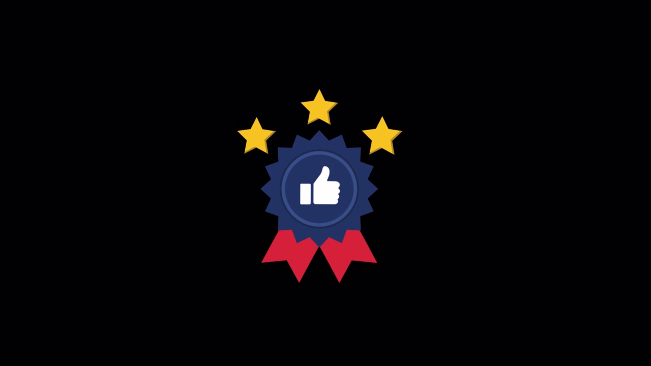 Animated Badge with Thumbs Up and Stars on Black Background