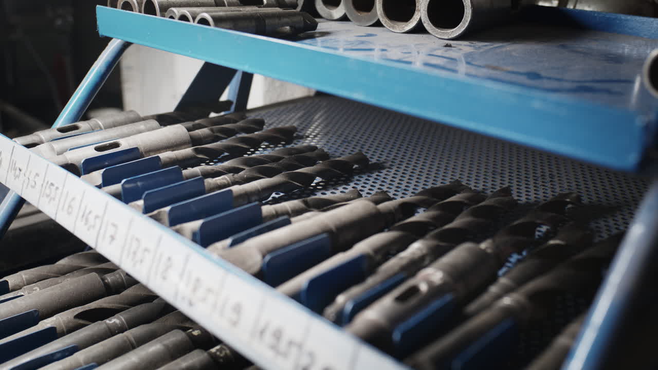 Neatly organized industrial metal drill bits and tools resting on blue workshop shelves