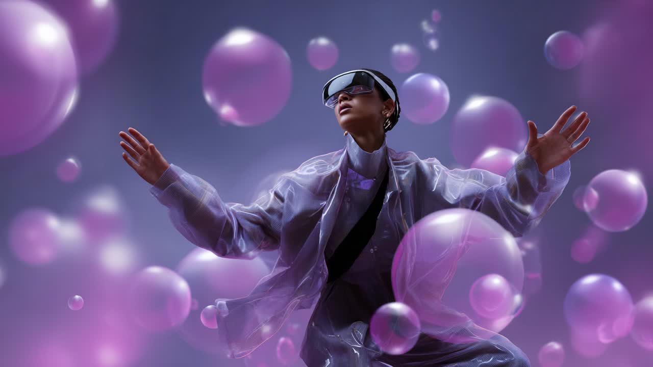 A futuristic exploration of virtual reality and immersive technology, showcasing a figure adorned in a stylish, translucent outfit, surrounded by luminous bubbles that create a whimsical, ethereal atmosphere